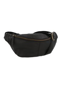 Sac banane en cuir noir avec fermeture éclair bronze et sangle ajustable avec boucle métallique sur fond blanc.