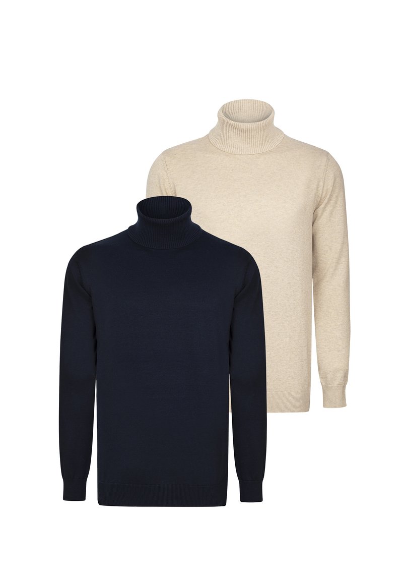 Dos jerseys de cuello alto: uno en color navy y otro en beige. Ambos tienen un diseño acanalado en el cuello y los puños, con una forma ajustada y una textura suave.