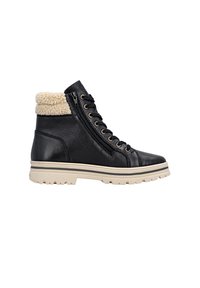 Mid-top black leather boots with a cozy beige shearling cuff, front lacing system, side zipper, and textured rubber sole.