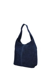Navyblauwe suède hobo-tas met een slouchy ontwerp, twee lange handvatten en zichtbare stikseldetails aan de voor- en achterkant.