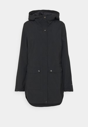 Manteau long noir à capuche avec boutons-pression à l'avant et deux poches à rabat, conçu pour temps froid ou pluvieux.