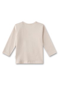Helle beige Langarmshirt aus weicher Baumwolle. Verfügt über einen klassischen Rundhalsausschnitt und ein einfaches Design ohne Muster oder Akzente.