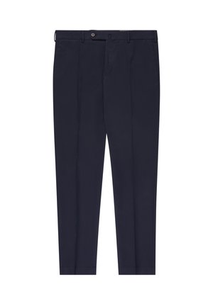 Navy blue tailored trousers with front button, belt loops, and creased legs, displayed flat on a white background.