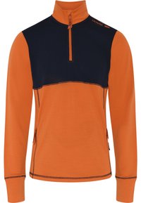 Fleece halv-zip pullover i orange og marineblå, med en høj krave, kontraststing og lynlåslommer i siden. Blød tekstur.