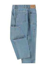 Pantaloni cargo in denim blu chiaro con molteplici tasche e un'etichetta in pelle con logo in vita. Presentano una vestibilità rilassata e un design a gamba dritta.