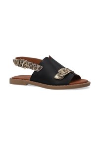 Schwarze Slingback-Sandalen aus glattem Leder, mit zwei dekorativen goldenen Schnallen und einem strukturierten Tierdruckriemen. Flache Sohle.