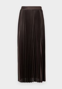 Jupe midi plissée en tissu marron foncé, avec une taille lisse, un design long jusqu'au sol et des plis verticaux pour une texture supplémentaire.