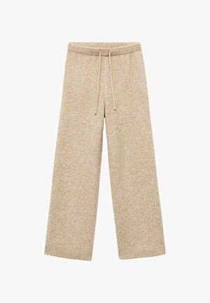 Wide-leg beige pants in a soft knit fabric with an elastic waistband and drawstring, featuring ribbed cuffs at the hems.
