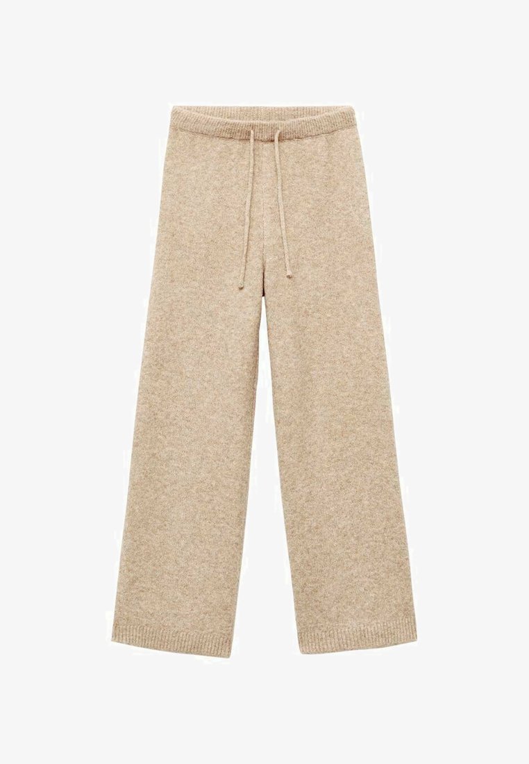 Beżowe spodnie o szerokich nogawkach z miękkiej dzianiny, z elastycznym pasem i sznurkiem do regulacji, z prążkowanymi mankietami na końcach nogawek.
