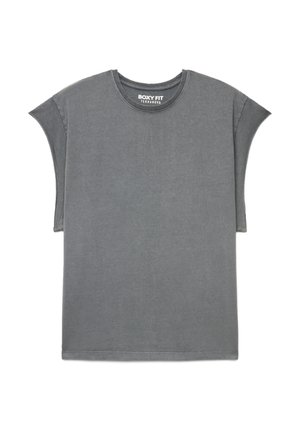Maglietta grigia a maniche corte con vestibilità boxy, scollo rotondo e leggero effetto sbiadito, con etichetta "Boxy Fit Terranova" all'interno del colletto.
