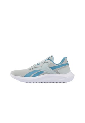 Hellgrauer und blauer athletischer Laufschuh mit weißer Sohle, Mesh-Obermaterial und Schnürverschluss, seitlich dargestellt.
