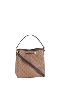Borsa a tracolla marrone con motivo, manico curvo, dettagli in oro e tracolla staccabile. Texture liscia con una forma strutturata.