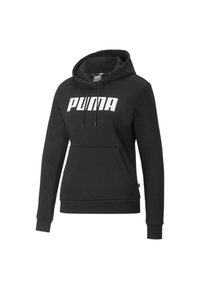 Zwarte hoodie van een katoenmix, met een kangoeroezak, ribbelmanchetten en een opvallend wit "PUMA"-logo op de voorkant.