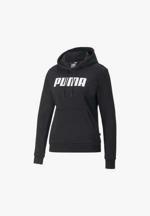 Schwarzer Kapuzenpullover aus einem Baumwoll-Mischgewebe, mit einer Kängurutasche, gerippten Bündchen und einem auffälligen weißen "PUMA"-Logo auf der Vorderseite.