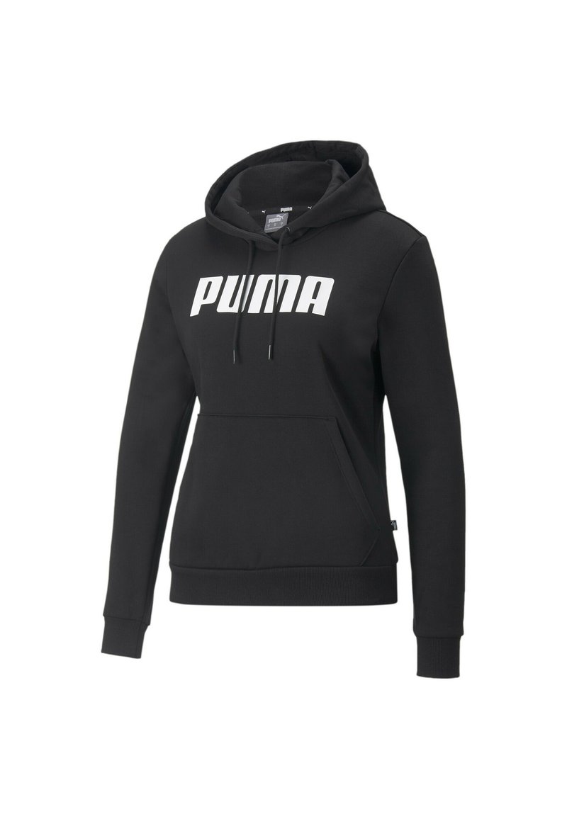 Zwarte hoodie van een katoenmix, met een kangoeroezak, ribbelmanchetten en een opvallend wit "PUMA"-logo op de voorkant.