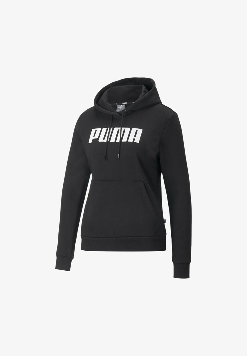 Sweat à capuche noir en mélange de coton, doté d'une poche kangourou, de poignets côtelés et d'un logo "PUMA" blanc bien en vue sur le devant.