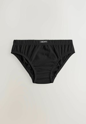 Sorte undertøj lavet af blødt stof, med en elastisk talje med "NEXT"-mærke og rynkede sider for komfort.