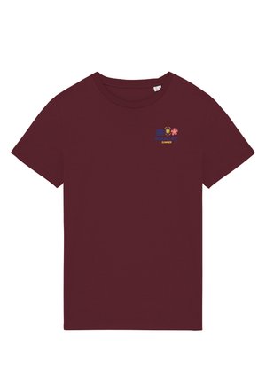 Maroon short-sleeve T-shirt with small "around like summer" text, a lantern, and pink flower graphic on upper left chest.