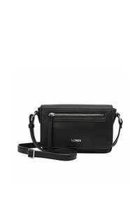 Bolsa de cuero negro tipo bandolera con un acabado texturizado, que cuenta con un bolsillo frontal con cremallera, correa desmontable y herrajes en tono plateado.