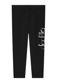 Leggings neri realizzati in tessuto elasticizzato, con un accento del logo bianco sul lato sinistro, texture liscia e design aderente.