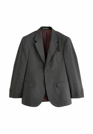 Blazer grigio con rever a lancia, due tasche anteriori, polsini con sei bottoni e fodera bordeaux, dotato di pochette.