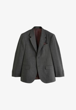 Gray blazer with notch lapels, two front pockets, six-button cuffs, and a burgundy lining, featuring a pocket square.
