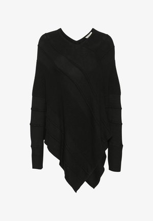 Schwarzer Strick-Poncho mit V-Ausschnitt, diagonaler Rippstruktur und asymmetrischem Saum mit langen Ärmeln. Weiches Material mit gemütlichem Design.