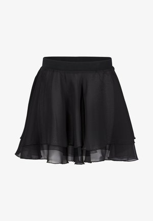 Black layered skirt with a flared design, made of lightweight chiffon. Features a smooth waistband and ruffled hem details.