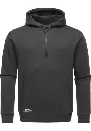 Hoodie gris foncé en tissu doux, avec une poche avant, une capuche à cordons et des poignets côtelés. Comprend une étiquette au bas.