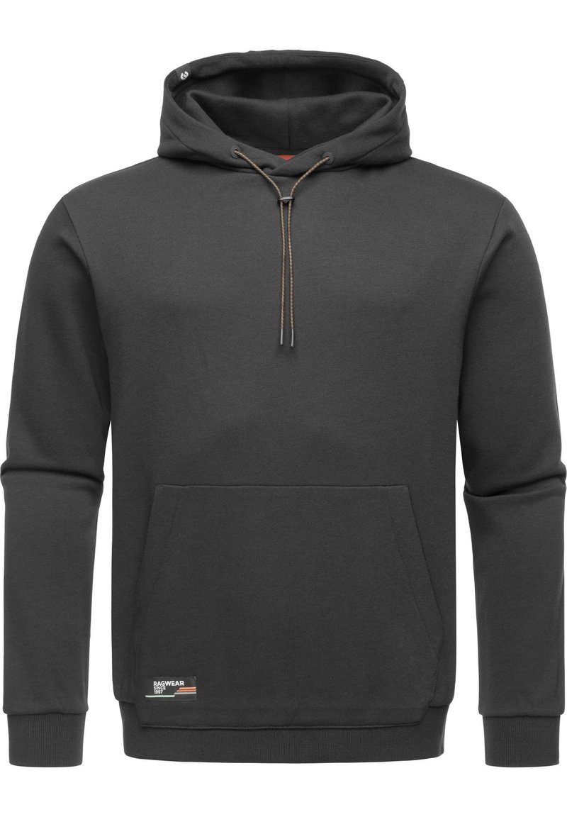 Dunkelgrauer Hoodie aus weichem Stoff, mit einer Vorderasche, Kapuze mit Kordelzug und gerippten Bündchen. Beinhaltet ein Etikett am Saum.