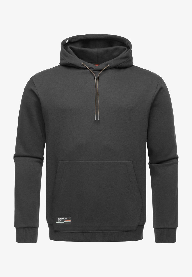Dunkelgrauer Hoodie aus weichem Stoff, mit einer Vorderasche, Kapuze mit Kordelzug und gerippten Bündchen. Beinhaltet ein Etikett am Saum.