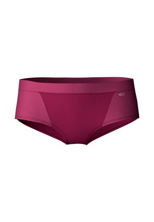 Caleçons de bain bordeaux avec une texture lisse, présentant des panneaux plus clairs contrastants sur les côtés et une taille élastique pour un maintien sécurisé.