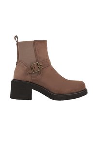 Bottine marron en daim avec une texture lisse, dotée d'une boucle sur le côté et d'un talon noir épais.