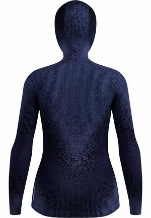 Hoodie ajusté à manches longues bleu foncé texturé, vu de dos, couvrant la tête et le torse avec un motif subtil de points et de rayures.