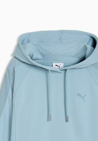 Lichtblauwe hoodie met aantrekkoorden, voorzien van een klein Puma-logo geborduurd op de borst en een Puma-label aan de binnenkant van de capuchon.