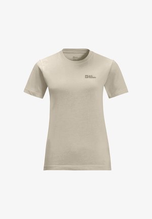 T-shirt beige a maniche corte realizzato in morbido cotone, con scollatura rotonda e un piccolo logo stampa sul lato superiore sinistro.
