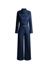 Combinaison en denim bleu foncé, avec col, manches longues, deux poches poitrine et pantalon large à taille ceinturée.