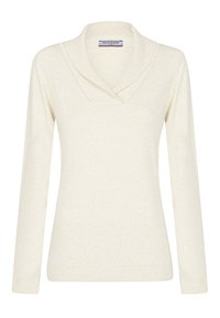 Maglione a maniche lunghe color crema con collo sciallato a coste e etichetta del marchio Felix Hardy all'interno della scollatura.