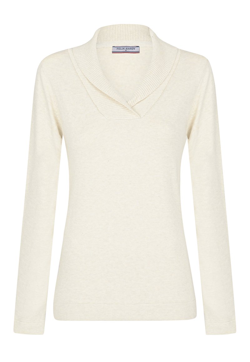 Maglione a maniche lunghe color crema con collo sciallato a coste e etichetta del marchio Felix Hardy all'interno della scollatura.