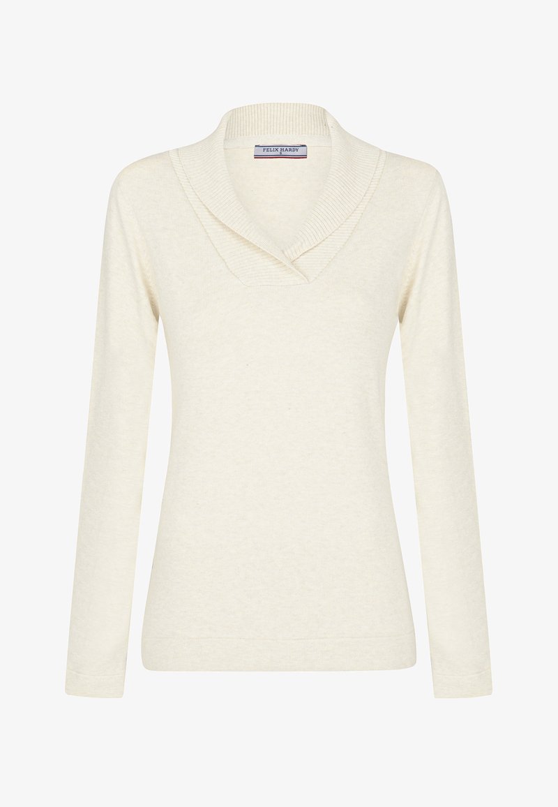 Maglione a maniche lunghe color crema con collo sciallato a coste e etichetta del marchio Felix Hardy all'interno della scollatura.