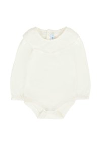 Body a maniche lunghe colore crema con colletto rotondo decorativo, polsini elasticizzati e chiusure a pressione sul fondo per un facile vestire.