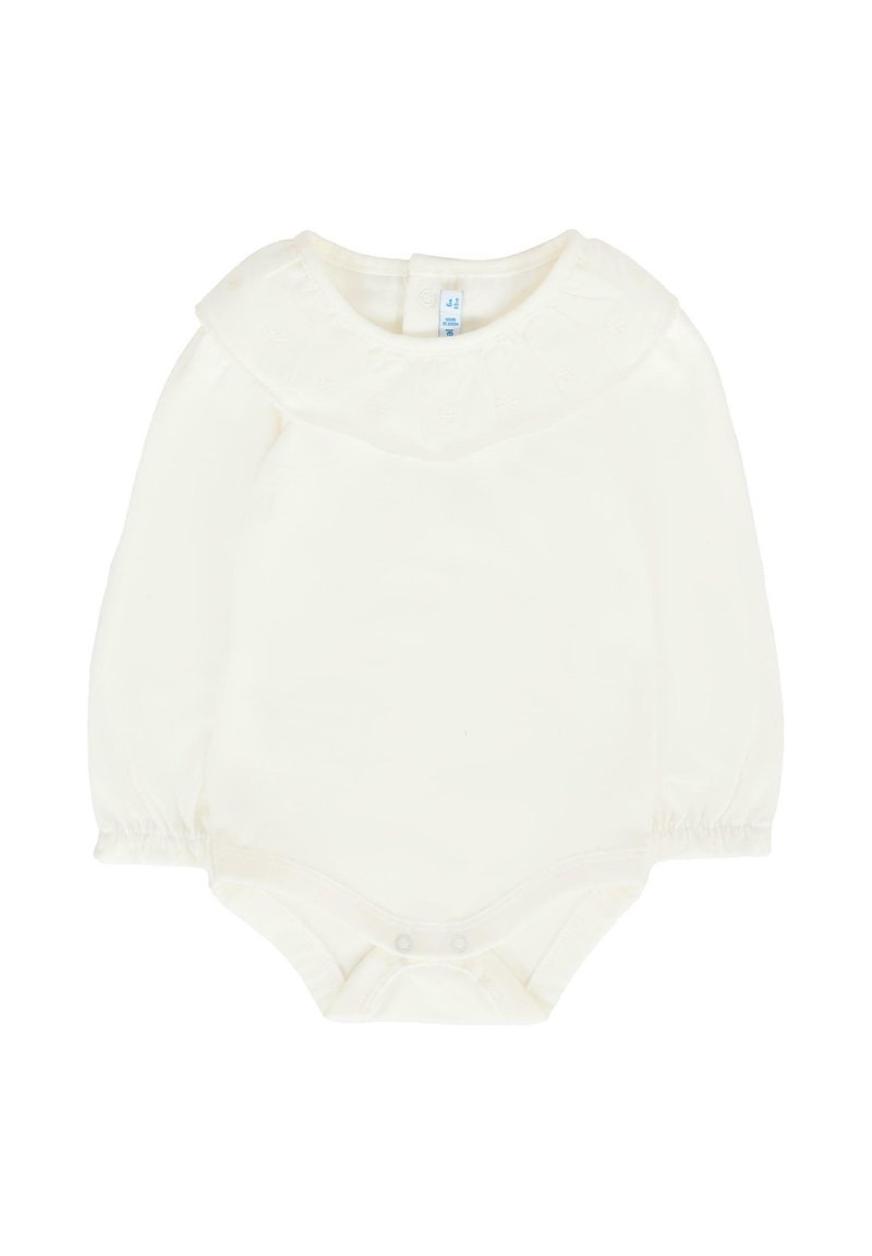 Body a maniche lunghe colore crema con colletto rotondo decorativo, polsini elasticizzati e chiusure a pressione sul fondo per un facile vestire.