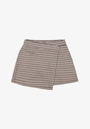 Wickelrock mit Hahnentritt-Muster in Braun- und Cremetönen, ausgestattet mit einem taillierten Bund und einer weichen Textur.