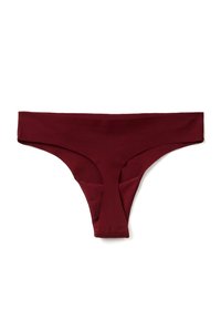 Tanga bourgogne en tissu lisse avec un design taille haute et un panneau en mesh contrastant à l'arrière. Style épuré et minimaliste.
