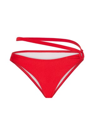 Rode bikini onderbroek gemaakt van rekbaar materiaal, met een low-rise ontwerp en kruislings verstelbare bandjes aan de zijkanten voor een veilige pasvorm.