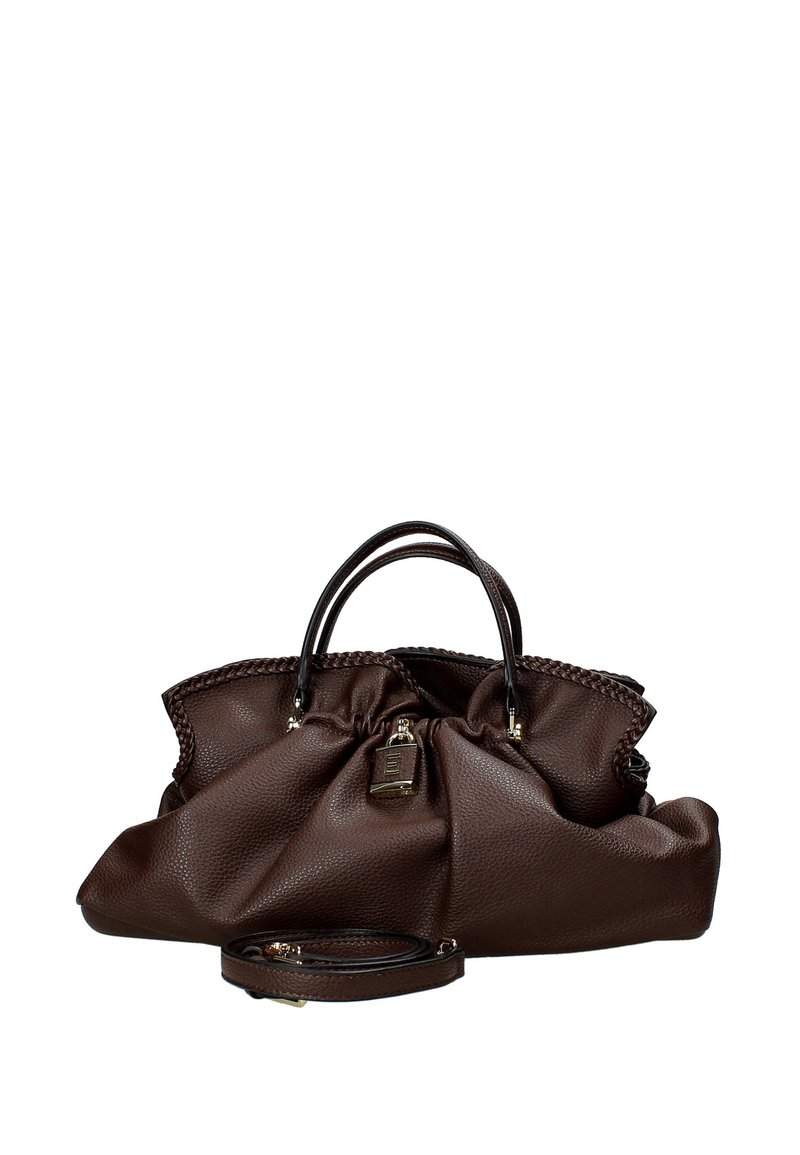 Borsa a tracolla in pelle marrone con finitura testurizzata, chiusura a coulisse, rifinitura intrecciata e due manici. Include una tracolla staccabile per maggiore versatilità.