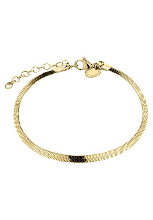 Gouden kettingarmband met een flexibele, gestructureerde ontwerp. Voorzien van een karabijnhaak en een verstelbare ketting voor maatvariatie.