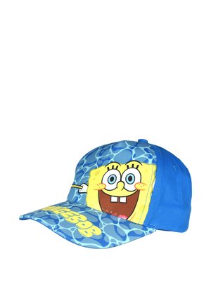 Blaue und hellblaue Kappe mit einem großen lächelnden SpongeBob Schwammkopf-Gesicht vorne und Wasserwellenmuster am Schirm.