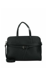Bolso de mano de cuero negro con superficie texturizada, doble asa en la parte superior, correa de hombro desmontable y una correa estrecha envuelta en la parte frontal con un hebilla.