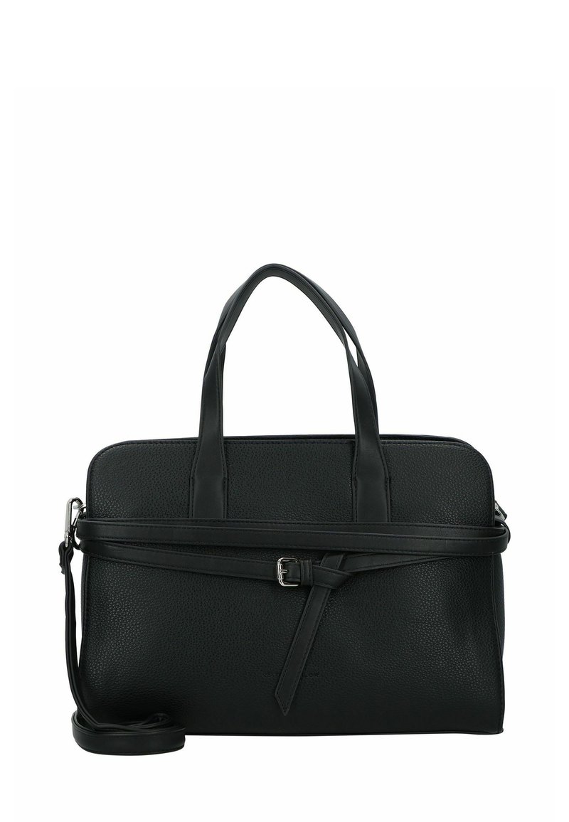 Bolso de mano de cuero negro con superficie texturizada, doble asa en la parte superior, correa de hombro desmontable y una correa estrecha envuelta en la parte frontal con un hebilla.